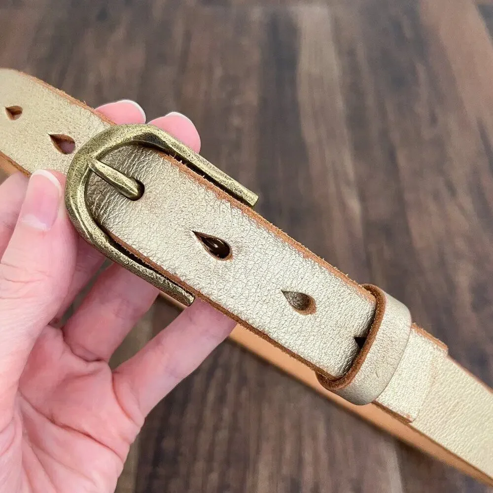 American Eagle Gold Leather Belt Boho Solid Brass Buckle USA Made Size Medium